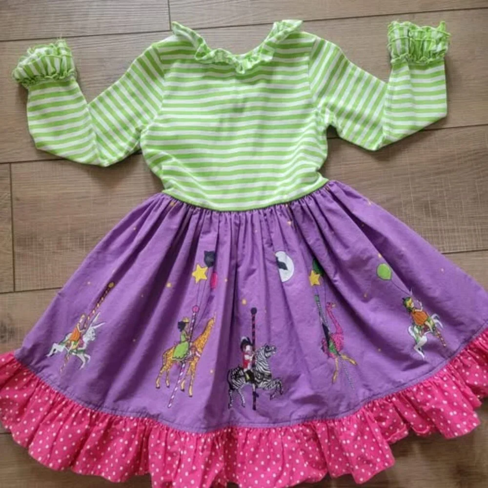 Eleanor Rose Girls Carousel Cotton Striped Ruffle Dress Purple Green Size 5/6